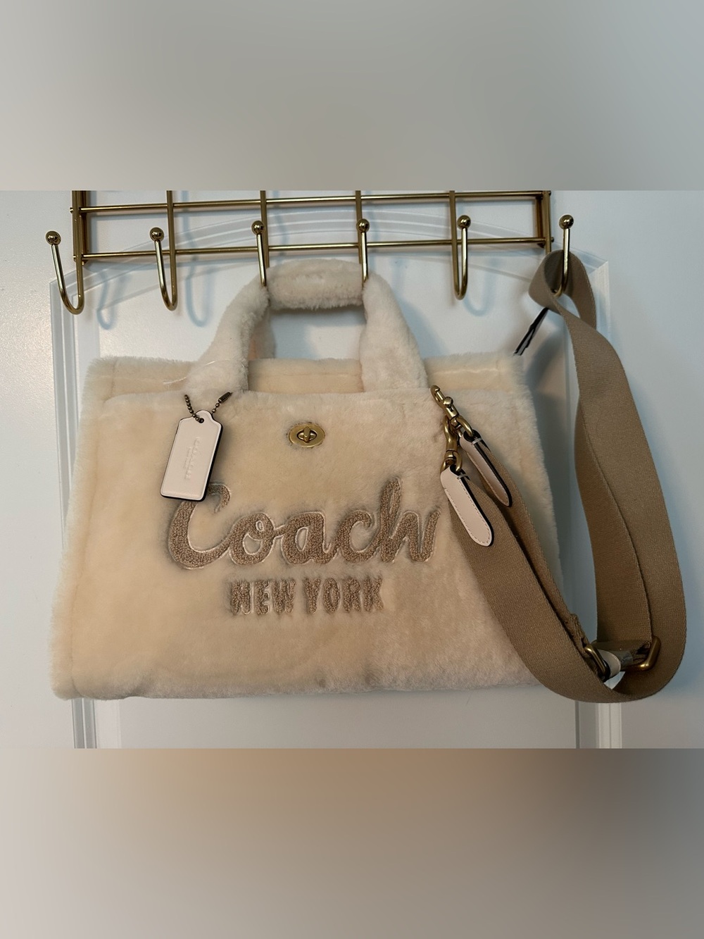 Coach Cream Plush Shearling Tote with Gold Hardware